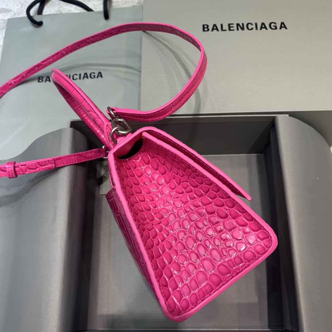 Balenciaga Hourglass Small Handbag Crocodile Embossed Shoulder Bag Rose Red